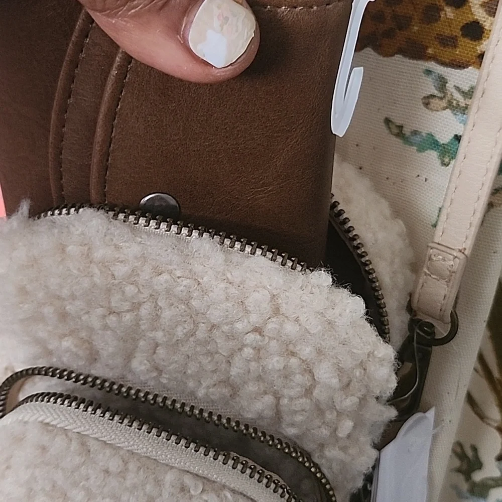 Brown Crossbody Bag with Cream Sherpa Pouch And Bom Bom Keychain Set Of 3 - Picture 15 of 17